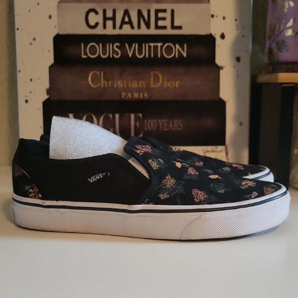Vans Black and Pink Wine Grapes On Black Canvas Slip-On Sneakers - Picture 3 of 8